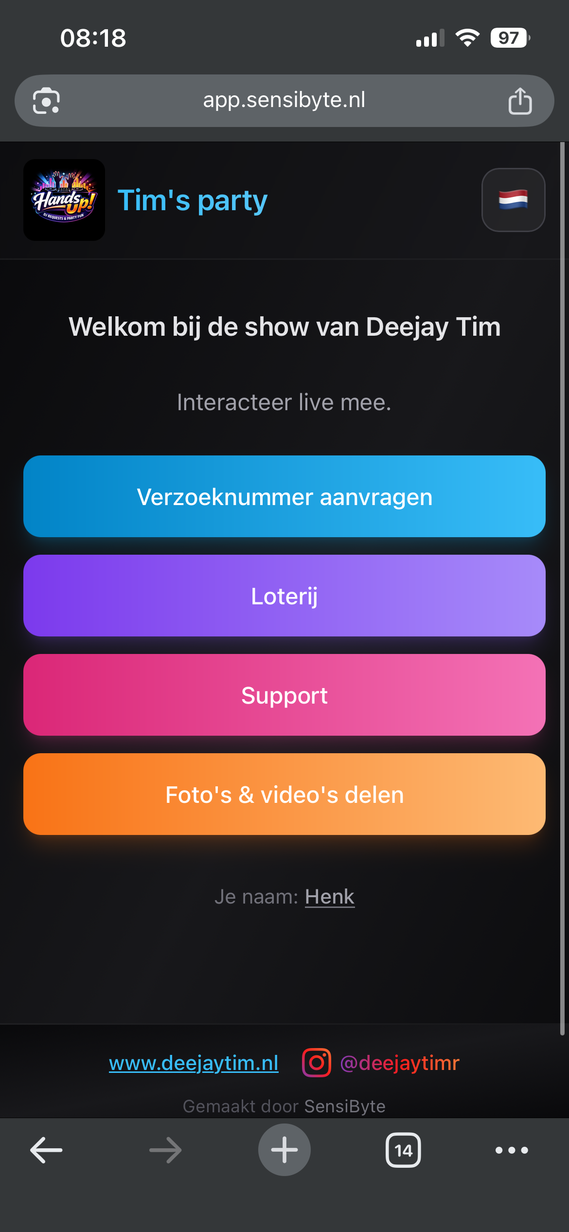 Hands Up! welkom – Verzoeknummers aanvragen, Loterij, Support